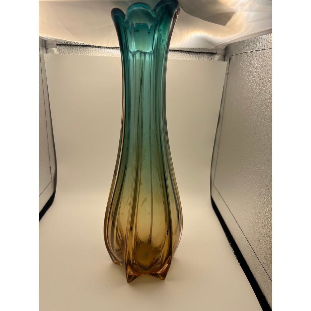 Vintage MCM Italian Swung Glass Vase Teal Blue Amber Ombre Scalloped Rim Murano